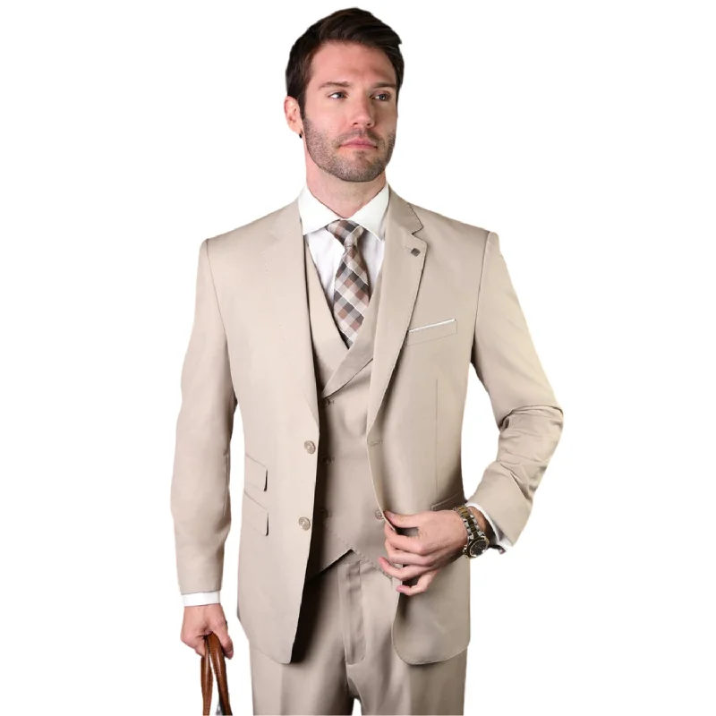 Classic Footwear LunarLuxe Collection: Tan 3-Piece Suit with Double-Breasted Vest and Pleated Pants - Classic Fit