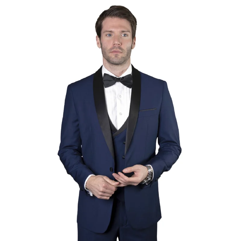 Casual Sneakers Austen Aura Collection: 3PC Tailored Fit Tuxedo in Sapphire with Double Breasted Vest