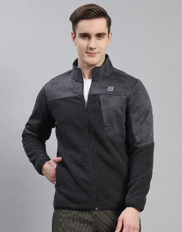 Trendy Shirts Men Grey Self Design Stand Collar Full Sleeve Sweatshirt