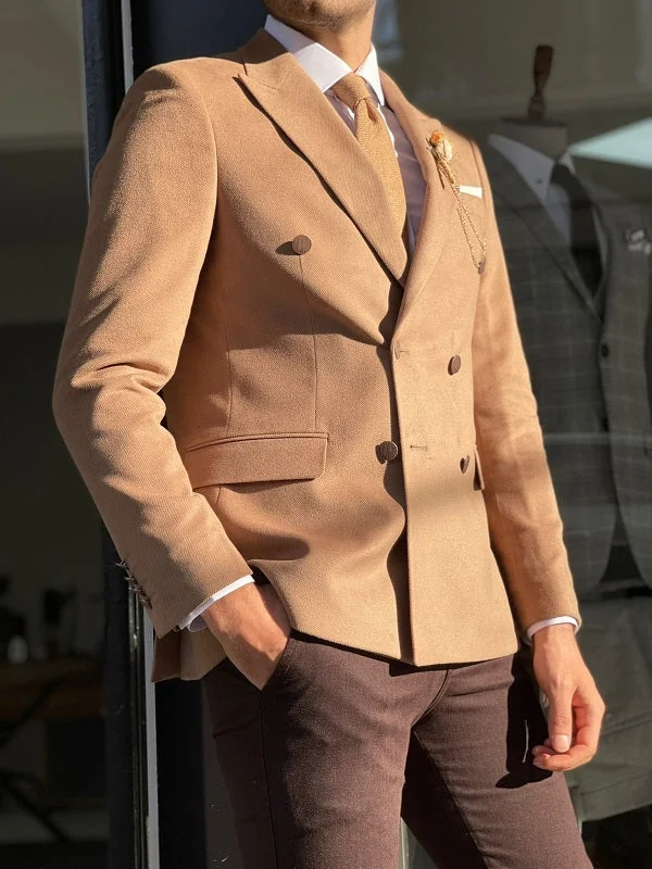 Bojo Beige Slim Fit Double Breasted Wool Blazer