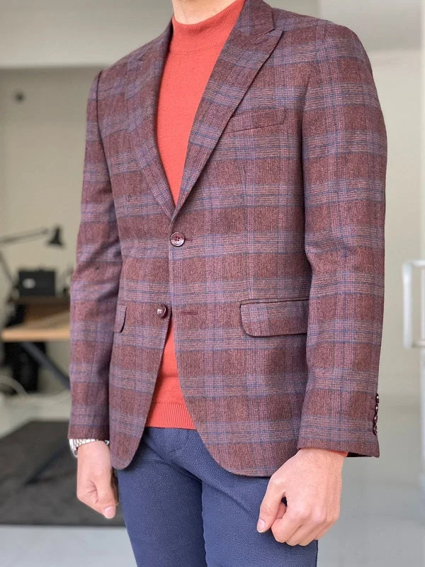 Bojo Tile Slim Fit Peak Lapel Wool Plaid Blazer