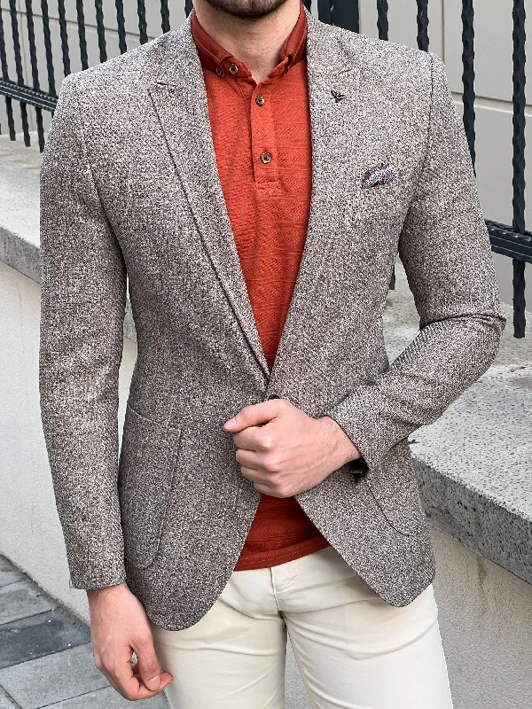 Bojoni Montebello Slim fit High Quality Self Patterned Dark Beige Blazer