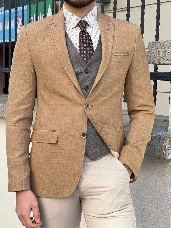 Bojoni Perris Mustard Slim Fit Peak Lapel Crosshatch Linen Blazer