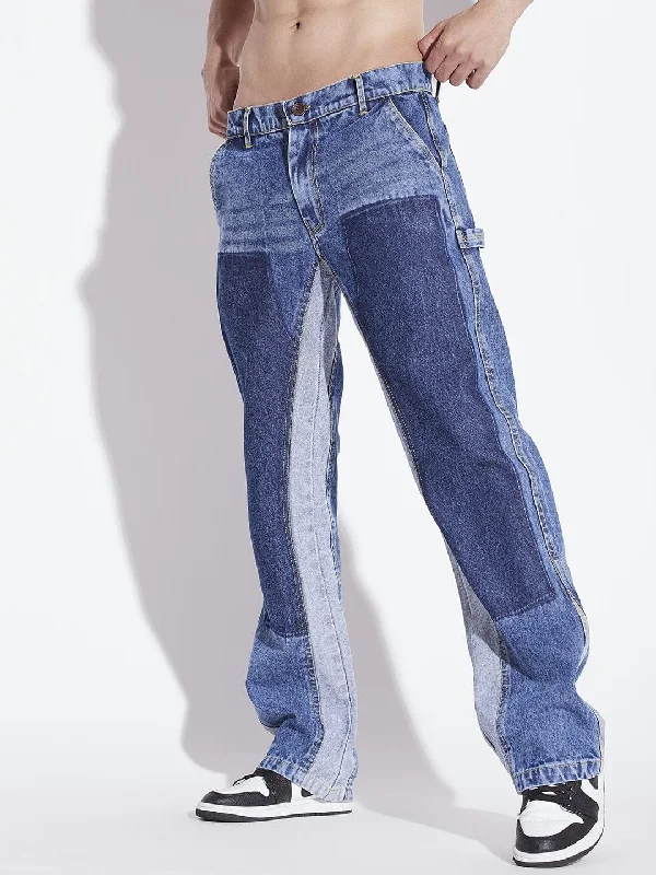 Mid Blue Contrast Panel Flared Denim