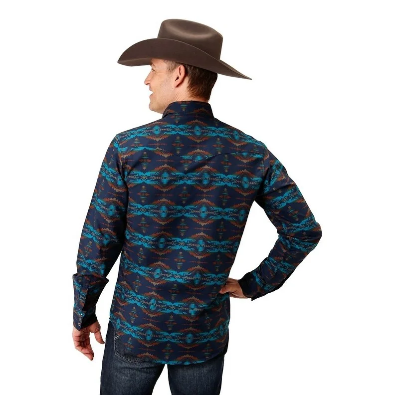 Roper Western Shirt Mens L/S Aztec Horizontal Blue 03-001-0482-1013 BU