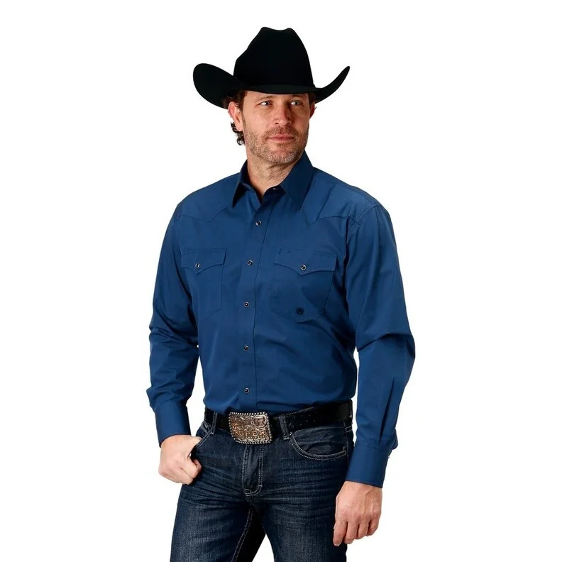 Roper Western Shirt Mens Long Sleeve Solid Snap 03-001-0265-0185 BU