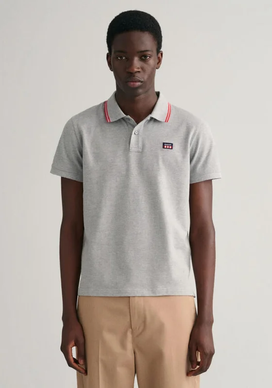 Gant Striped Contrast Collar Pique Polo Shirt, Grey Melange