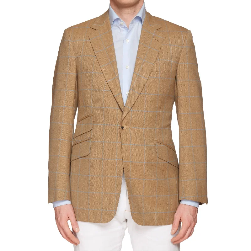 HUNTSMAN Savile Row Bespoke Tan Herringbone Plaid Wool 1 Button Jacket NEW US 40