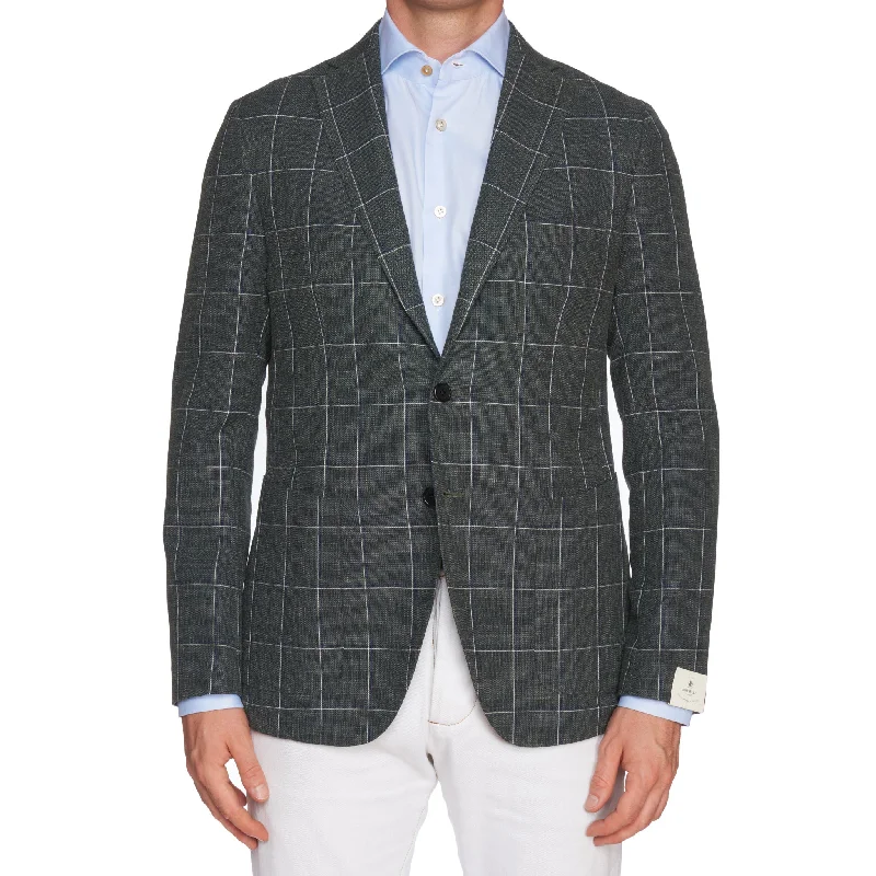 LUIGI BORRELLI "PROCIDA-I" Green Windowpane Wool-Linen-Silk Jacket 52 NEW US 42