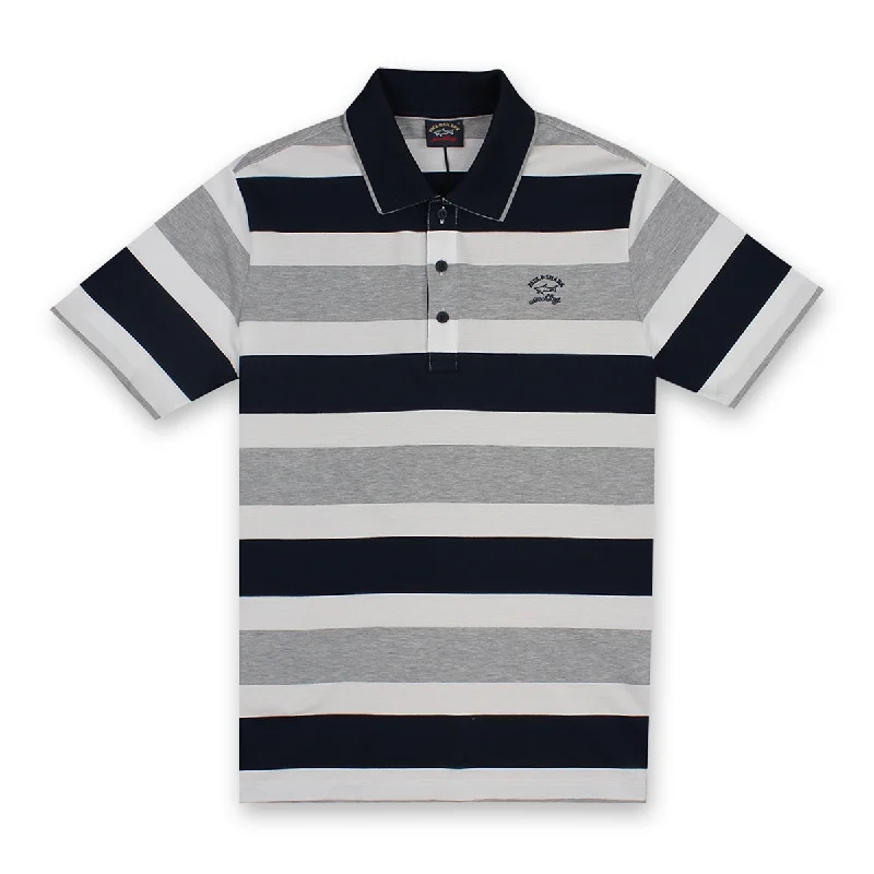 Paul & Shark - Striped Polo Shirt in White Grey & Navy