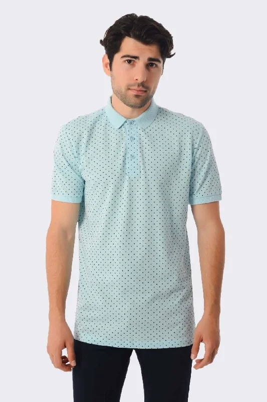 Regular Fit Printed Cotton Polo T-shirt, Light Blue-Navy