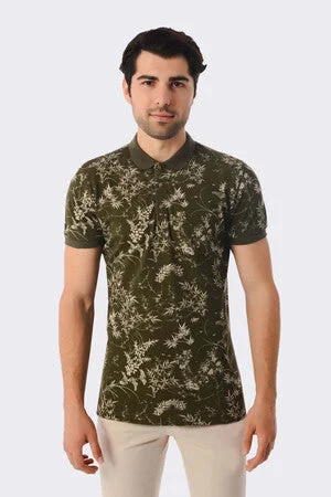 Slim Fit Beige - Khaki Printed Cotton Polo T-Shirt