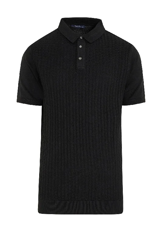 Slim Fit Black Patterned Cotton Blend Polo T-Shirt